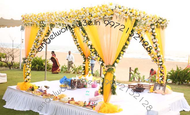 mandap decoration premium four poles yellow green